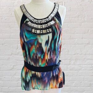 bebe Multicolor Patterned Sleeveless Silk Blouse with Metal Accents